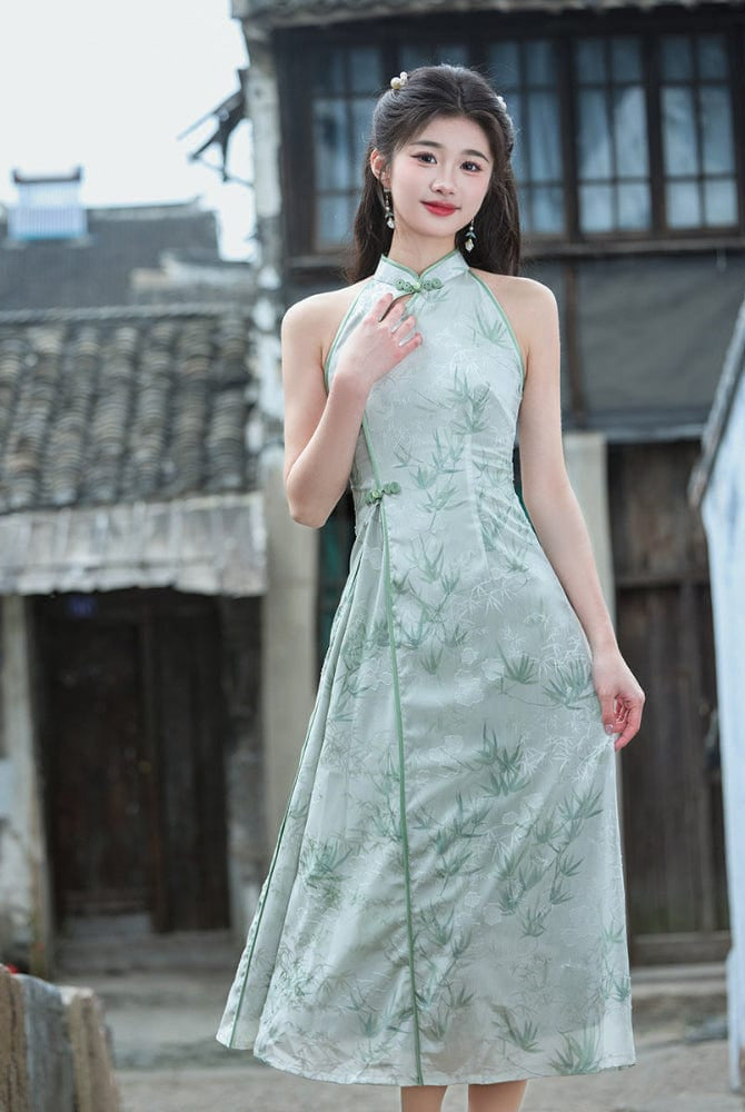 Beth and Brian Qipao-LSB New Chinese style (新中式), bamboo leaf pattern, green midi Cheongsam