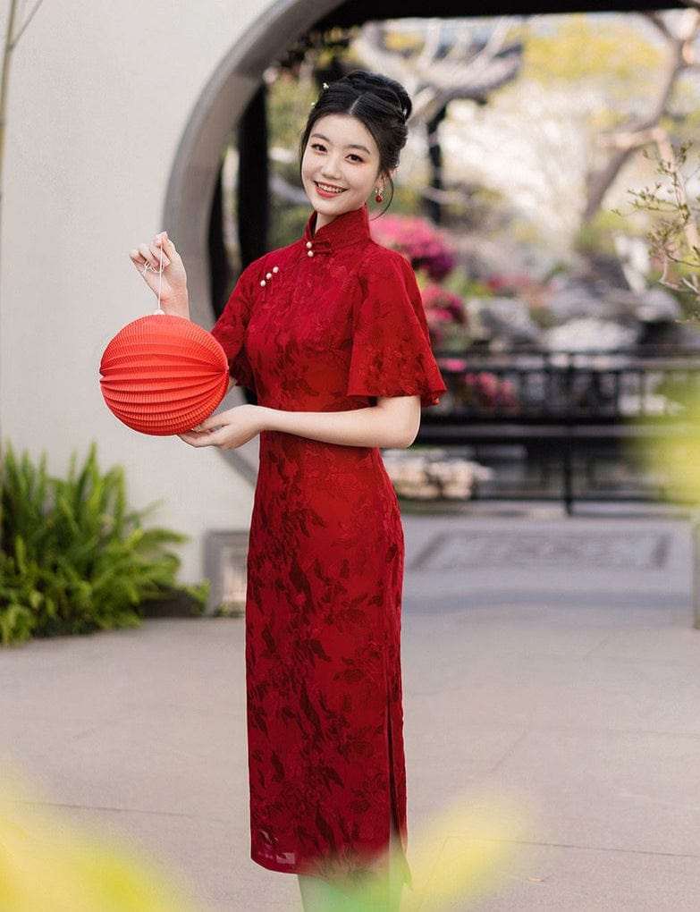 Beth and Brian Qipao-XSX Floral pattern, wine red, lace mid-length Cheongsam