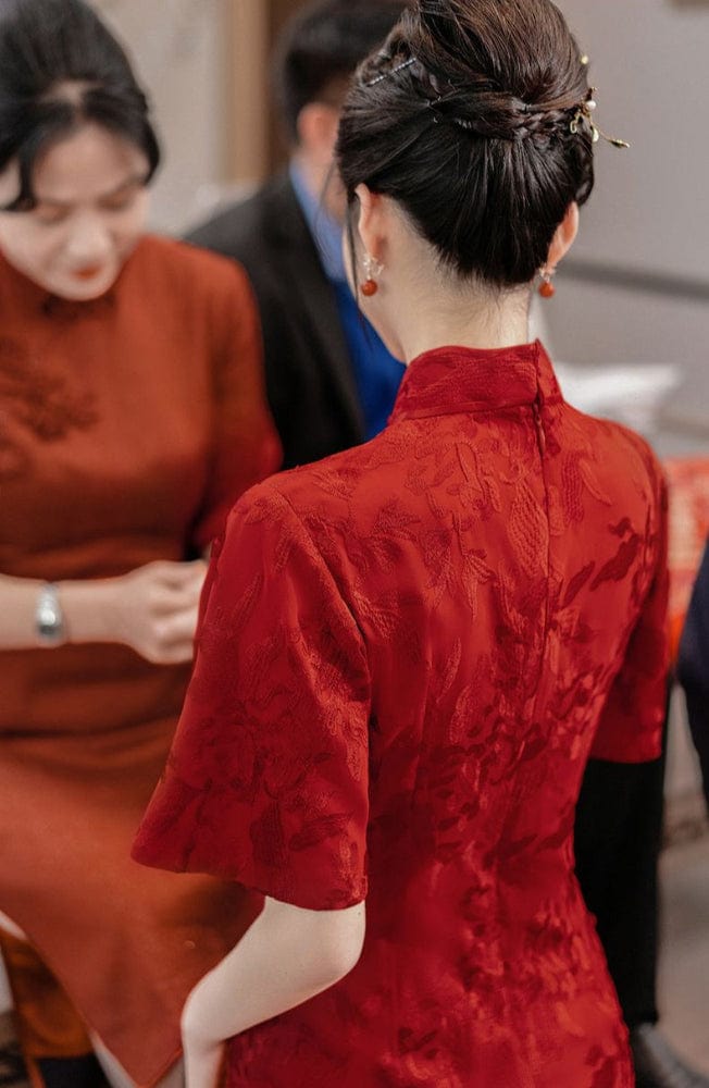 Beth and Brian Qipao-XSX Floral pattern, wine red, lace mid-length Cheongsam