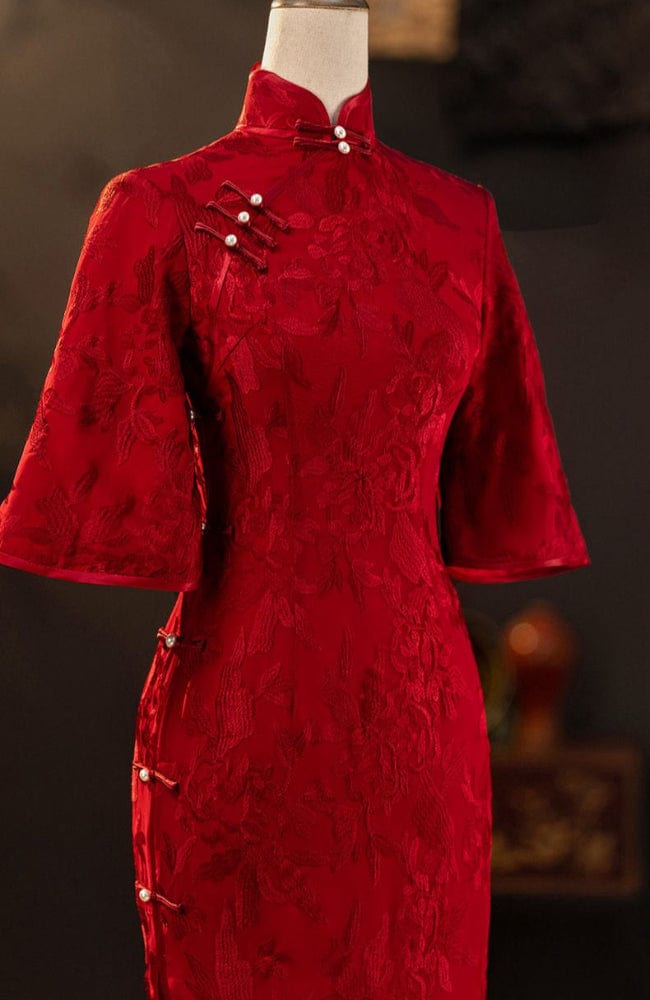 Beth and Brian Qipao-XSX Floral pattern, wine red, lace mid-length Cheongsam