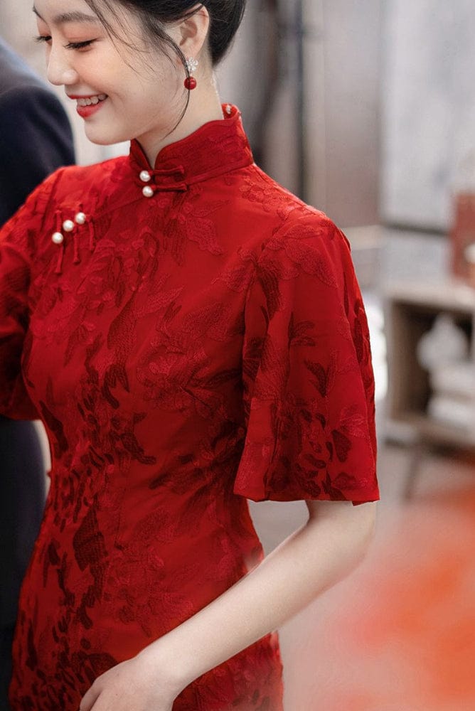 Beth and Brian Qipao-XSX Floral pattern, wine red, lace mid-length Cheongsam