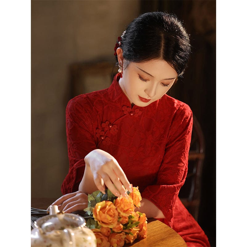 Beth and Brian Qipao-LSB Floral pattern, wine red, lace mid-length Cheongsam