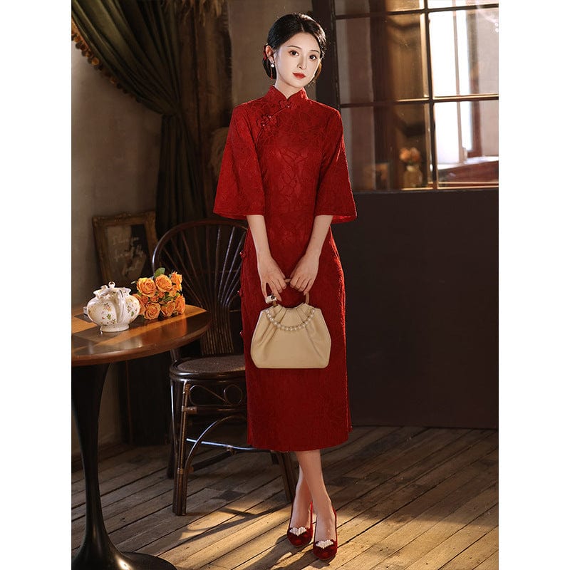 Beth and Brian Qipao-LSB Floral pattern, wine red, lace mid-length Cheongsam