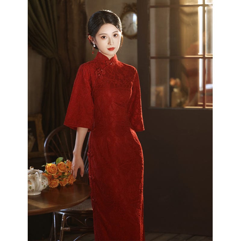 Beth and Brian Qipao-LSB Floral pattern, wine red, lace mid-length Cheongsam