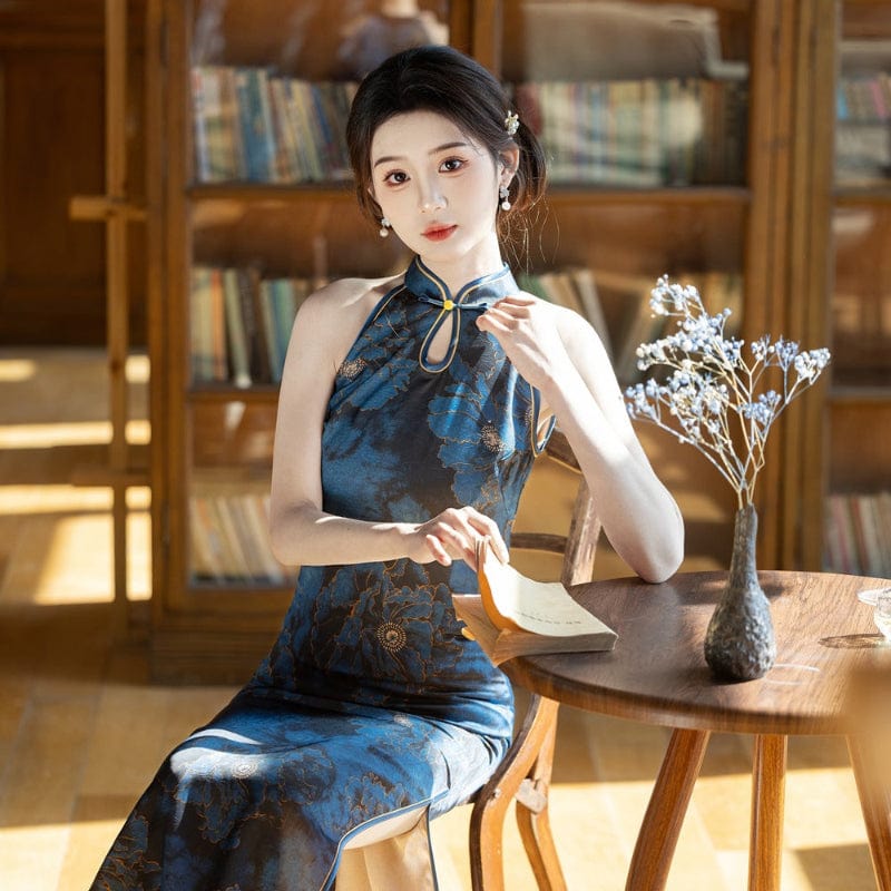 Beth and Brian Qipao-YS New Chinese style (新中式), Halter blue midi Cheongsam