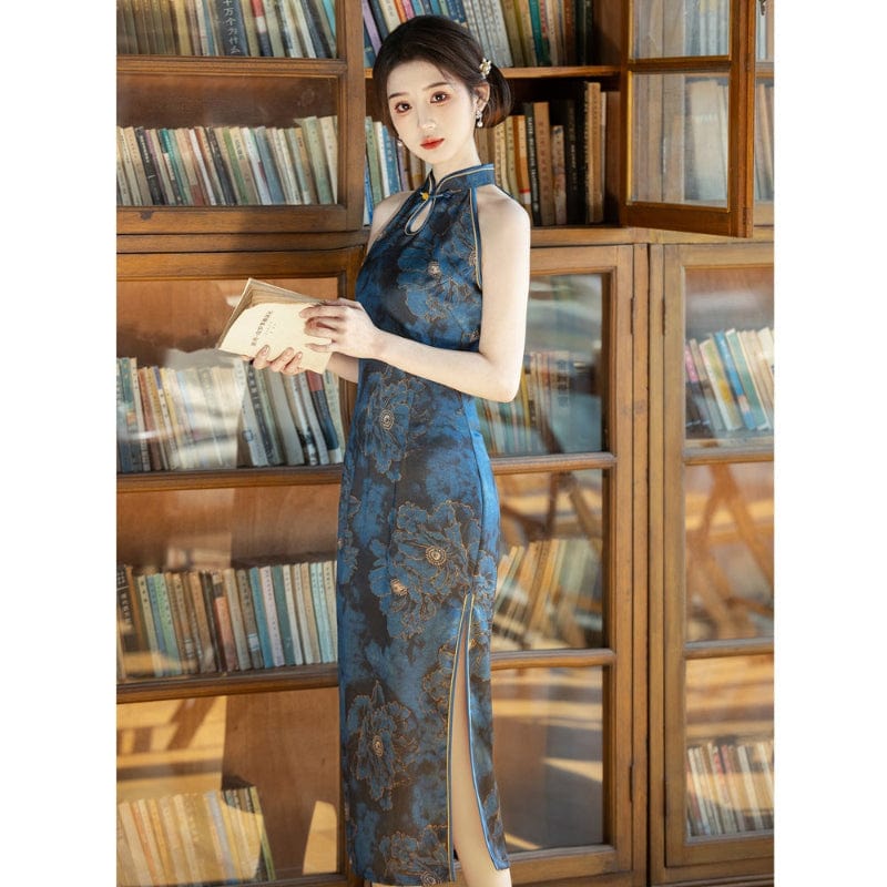 Beth and Brian Qipao-YS New Chinese style (新中式), Halter blue midi Cheongsam