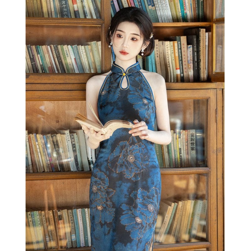 Beth and Brian Qipao-YS New Chinese style (新中式), Halter blue midi Cheongsam