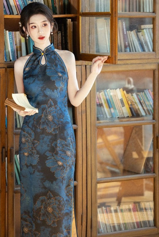 Beth and Brian Qipao-YS New Chinese style (新中式), Halter blue midi Cheongsam