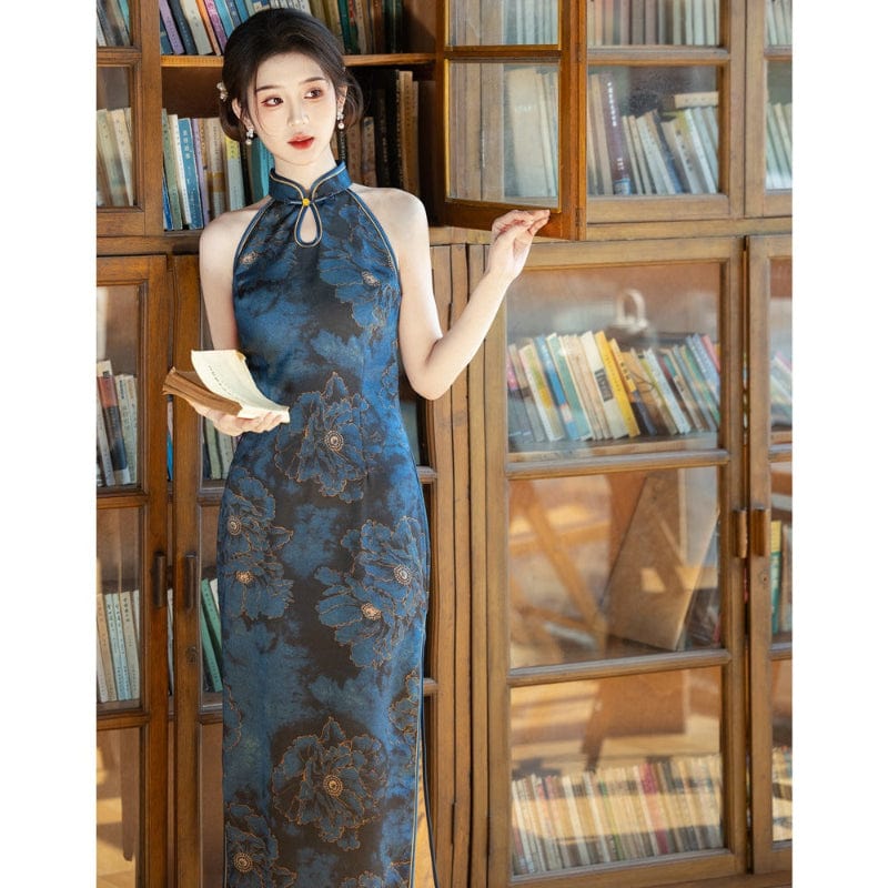 Beth and Brian Qipao-YS New Chinese style (新中式), Halter blue midi Cheongsam