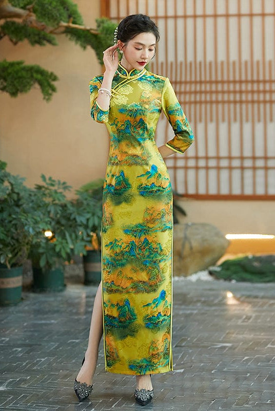 Beth and Brian Qipao-QCYJ Thousand Miles of Mountains and Rivers pattern, plus size long Cheongsam