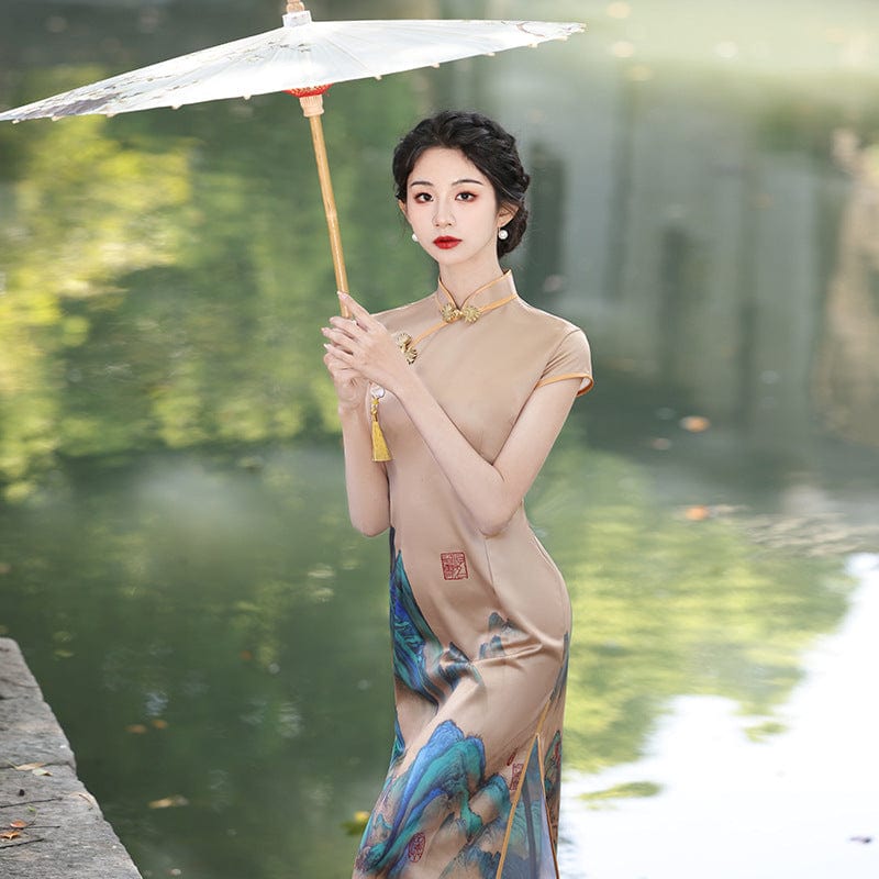Beth and Brian Qipao-XYG Landscape pattern, brown long plus size Cheongsam