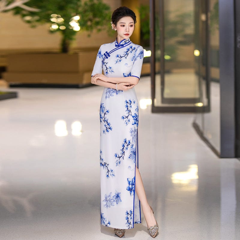 Beth and Brian Qipao-QCYJ Blue and white plum blossom pattern, long Cheongsam