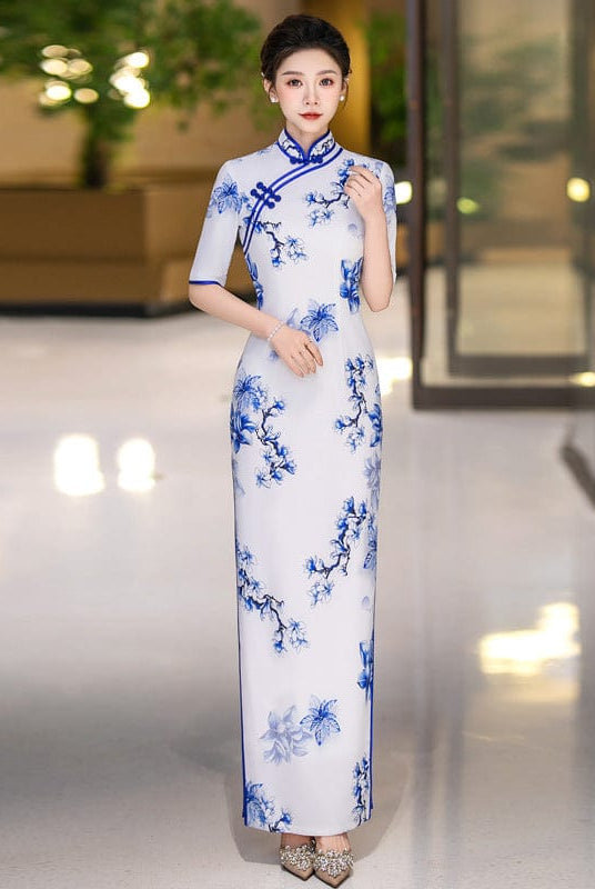 Beth and Brian Qipao-QCYJ Blue and white plum blossom pattern, long Cheongsam