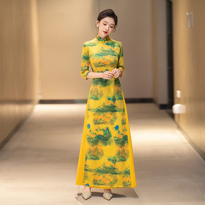 Beth and Brian Qipao-QCYJ Suede fabric, plus size long Ao dai with elbow sleeves