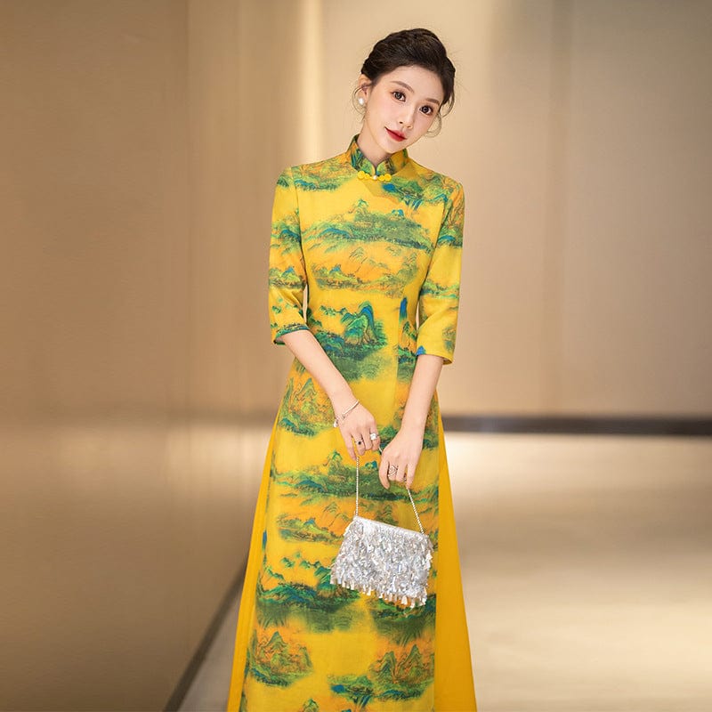 Beth and Brian Qipao-QCYJ Suede fabric, plus size long Ao dai with elbow sleeves