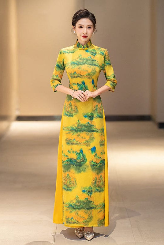 Beth and Brian Qipao-QCYJ Suede fabric, plus size long Ao dai with elbow sleeves