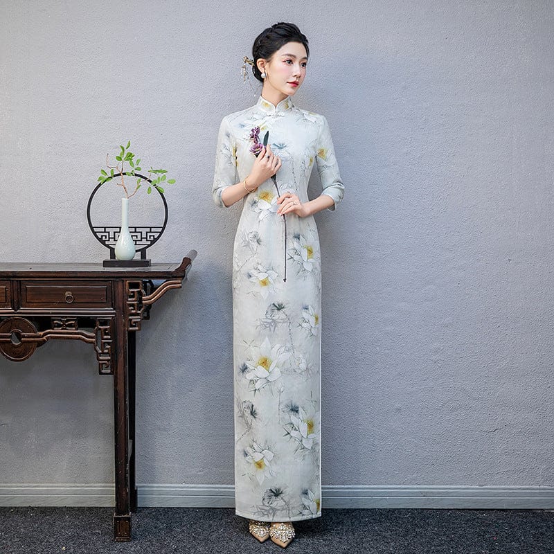 Beth and Brian Qipao-QCYJ Floral pattern, Suede fabric, plus size long Cheongsam