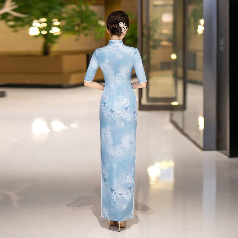 Beth and Brian Qipao-QCYJ Classical Cheongsam, jacquard satin fabric, blue long Qipao