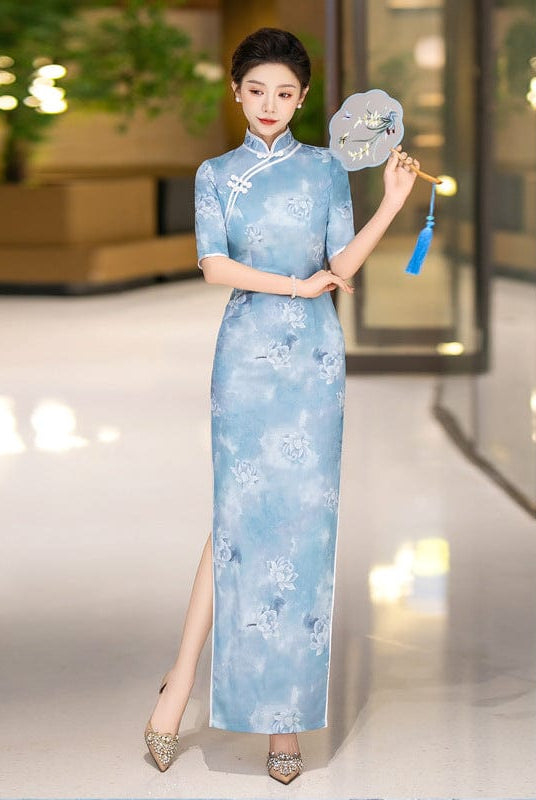 Beth and Brian Qipao-QCYJ Classical Cheongsam, jacquard satin fabric, blue long Qipao