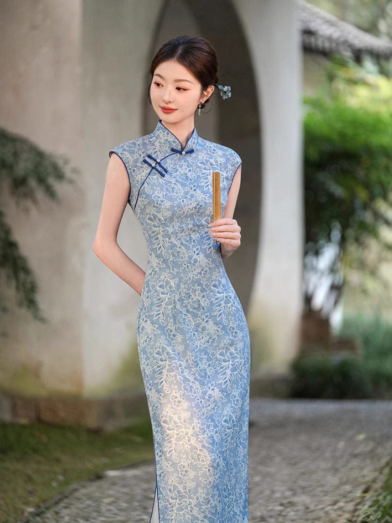 Beth and Brian Qipao-XL Sleeveless, silk blue midi Cheongsam