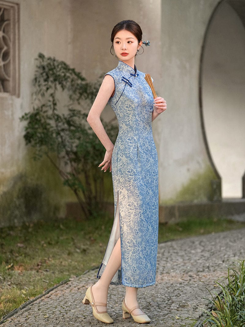 Beth and Brian Qipao-XL Sleeveless, silk blue midi Cheongsam