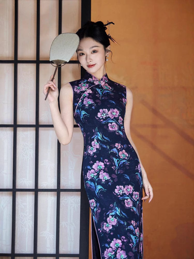Beth and Brian Qipao-XL New Chinese style (新中式), floral pattern, blue midi Cheongsam
