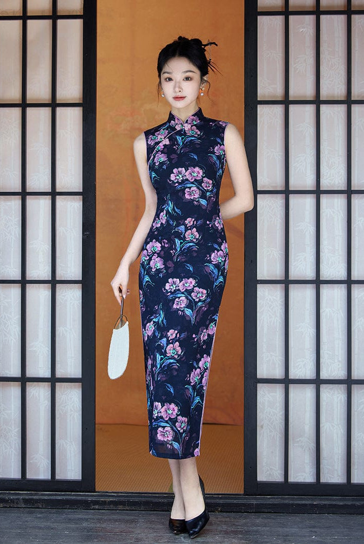 Beth and Brian Qipao-XL New Chinese style (新中式), floral pattern, blue midi Cheongsam