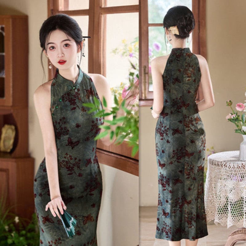 Beth and Brian Qipao-SYK Flocking fabric, floral and butterfly pattern, grey midi Cheongsam