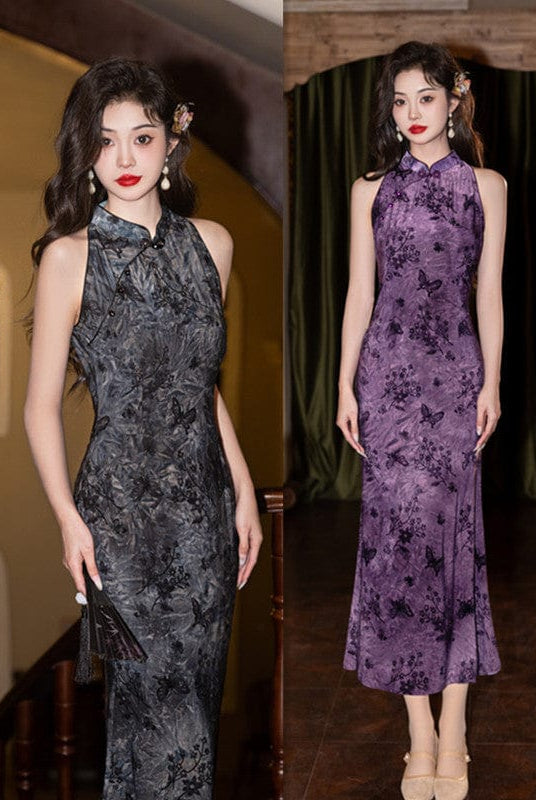Beth and Brian Qipao-SYK Flocking fabric, floral and butterfly pattern, grey midi Cheongsam