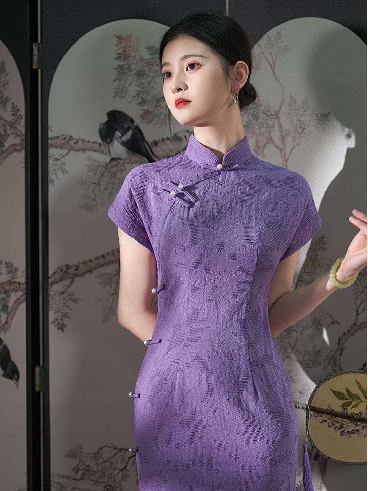 Beth and Brian Qipao-LSB Floral pattern, jacquard cotton fabric, purple midi Cheongsam