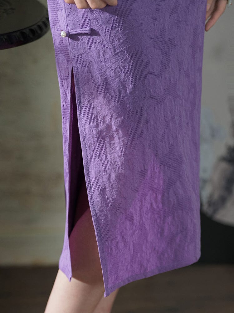 Beth and Brian Qipao-LSB Floral pattern, jacquard cotton fabric, purple midi Cheongsam