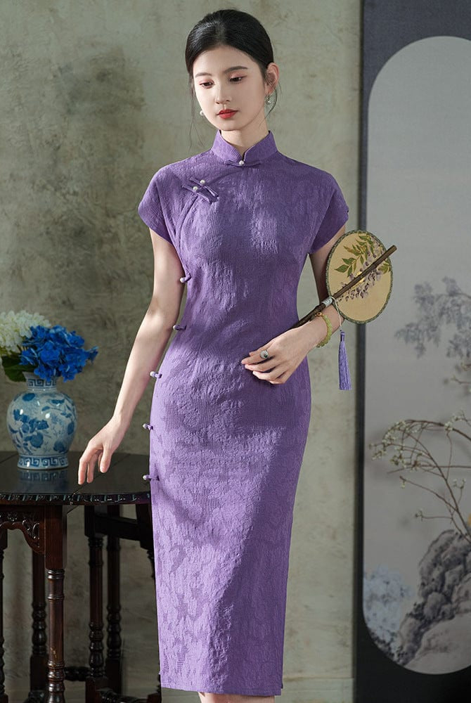 Beth and Brian Qipao-LSB Floral pattern, jacquard cotton fabric, purple midi Cheongsam