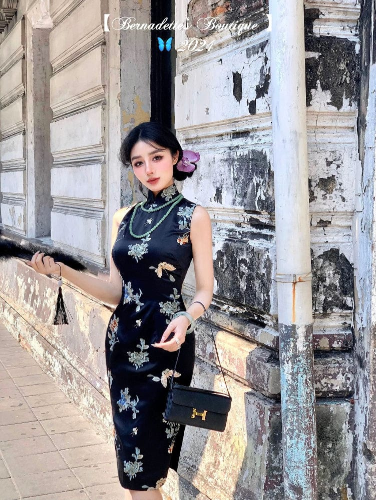 Beth and Brian Qipao-QZ Sleeveless, New Chinese style(新中式), black midi Cheongsam