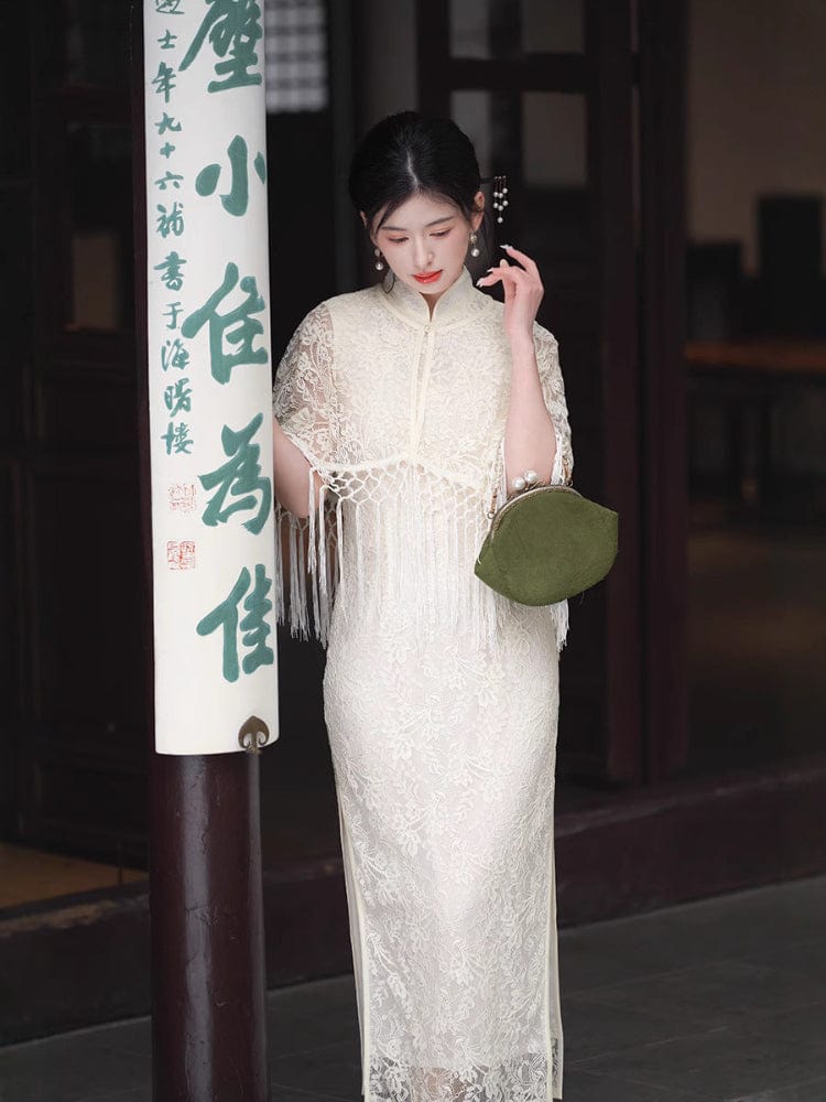 Beth and Brian Qipao-XL Summer and fall collection, white lace midi Qipao set