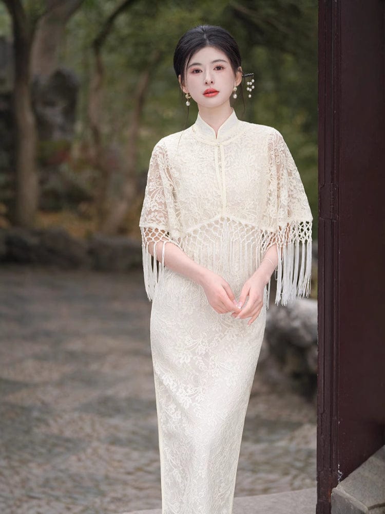 Beth and Brian Qipao-XL Summer and fall collection, white lace midi Qipao set