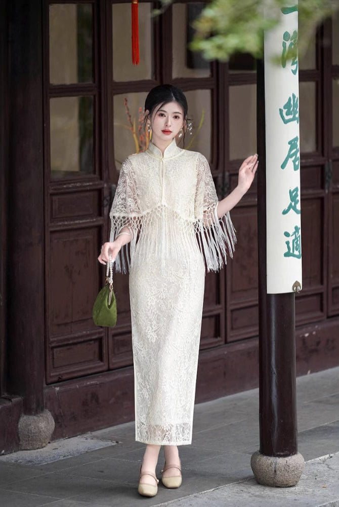 Beth and Brian Qipao-XL Summer and fall collection, white lace midi Qipao set