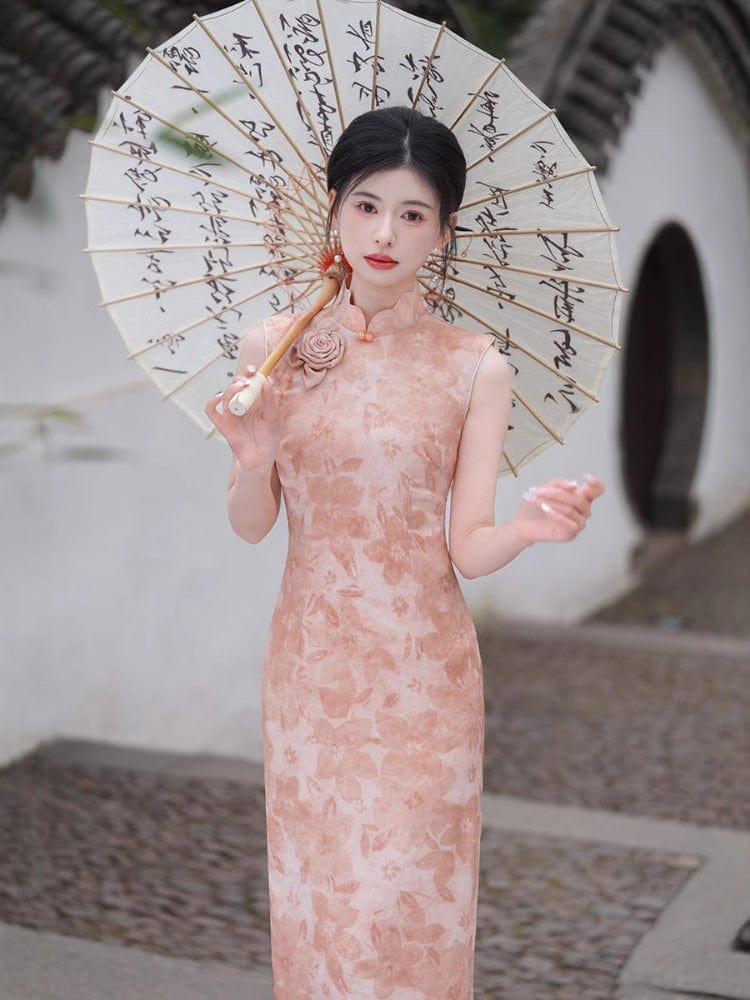 Beth and Brian Qipao-XL Cutwork Brocade Fabric, sleeveless pink midi Cheongsam