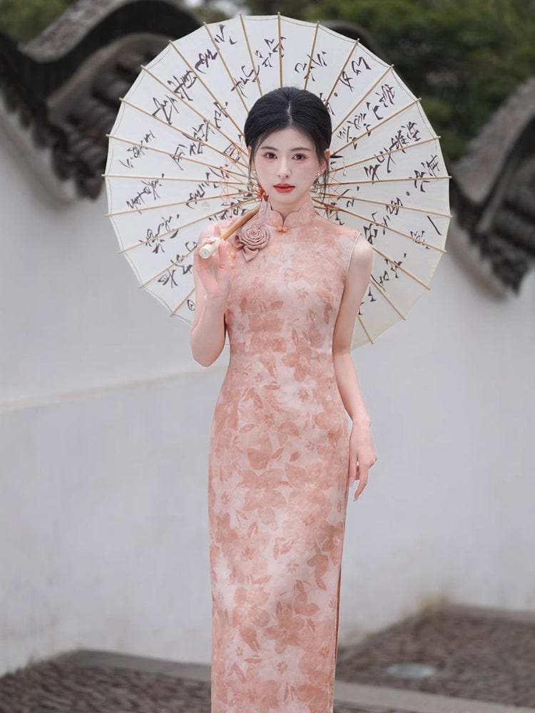 Beth and Brian Qipao-XL Cutwork Brocade Fabric, sleeveless pink midi Cheongsam
