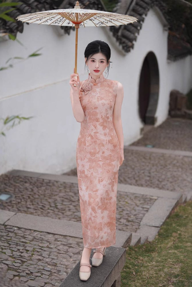 Beth and Brian Qipao-XL Cutwork Brocade Fabric, sleeveless pink midi Cheongsam
