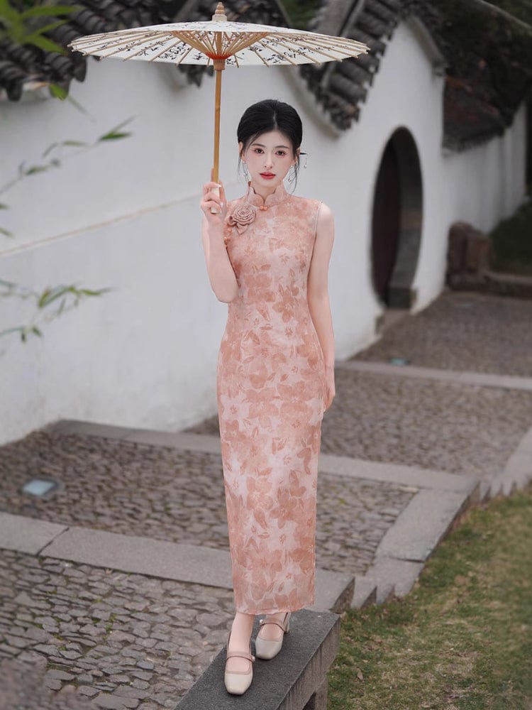 Beth and Brian Qipao-XL Cutwork Brocade Fabric, sleeveless pink midi Cheongsam