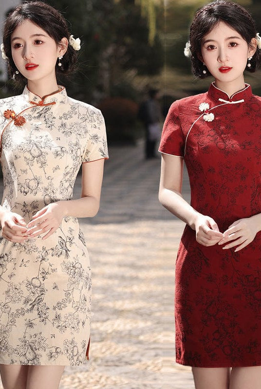 Beth and Brian Qipao-XWC Floral pattern, cotton&linen short Cheongsam