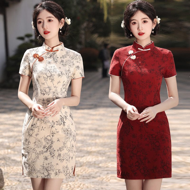 Beth and Brian Qipao-XWC Floral pattern, cotton&linen short Cheongsam