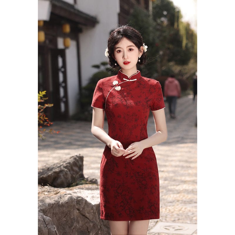 Beth and Brian Qipao-XWC Floral pattern, cotton&linen short Cheongsam