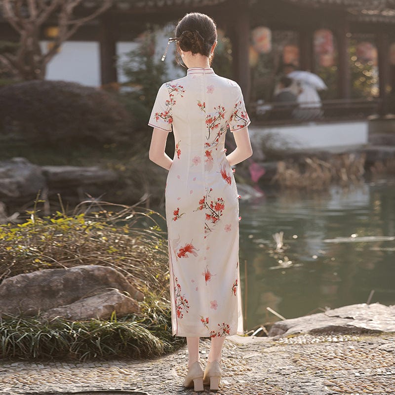 Beth and Brian Qipao-MLS Koi fish pattern, beige midi Cheongsam