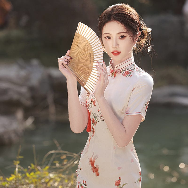 Beth and Brian Qipao-MLS Koi fish pattern, beige midi Cheongsam