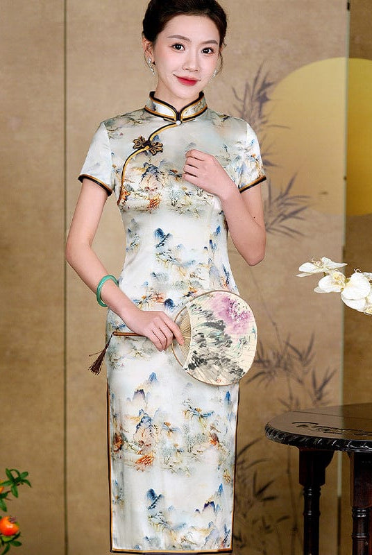 Beth and Brian Qipao-QHJS 19 mome mulberry silk, high-end, thousand Miles of Mountains midi Cheongsam