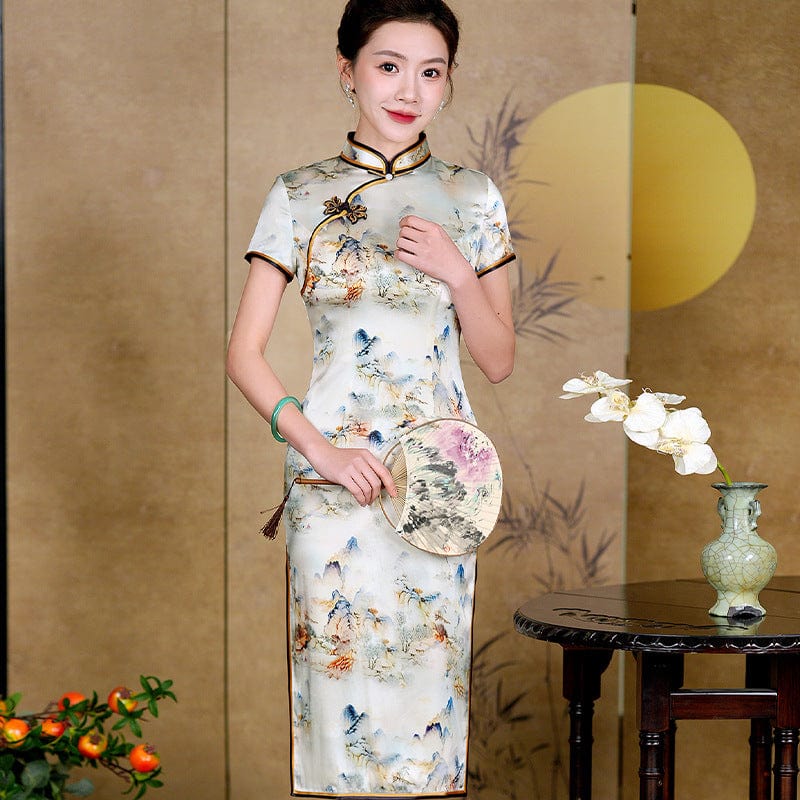 Beth and Brian Qipao-QHJS 19 mome mulberry silk, high-end, thousand Miles of Mountains midi Cheongsam