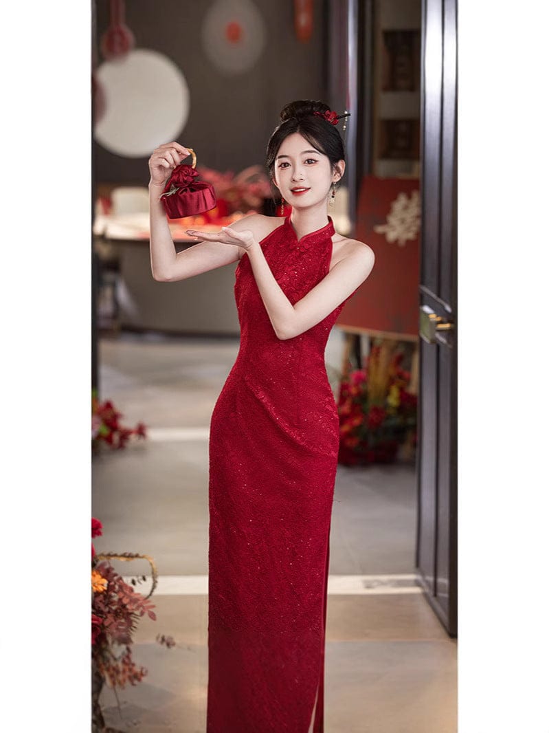 Beth and Brian Qipao-JFX Halter lace mid-length Cheongsam