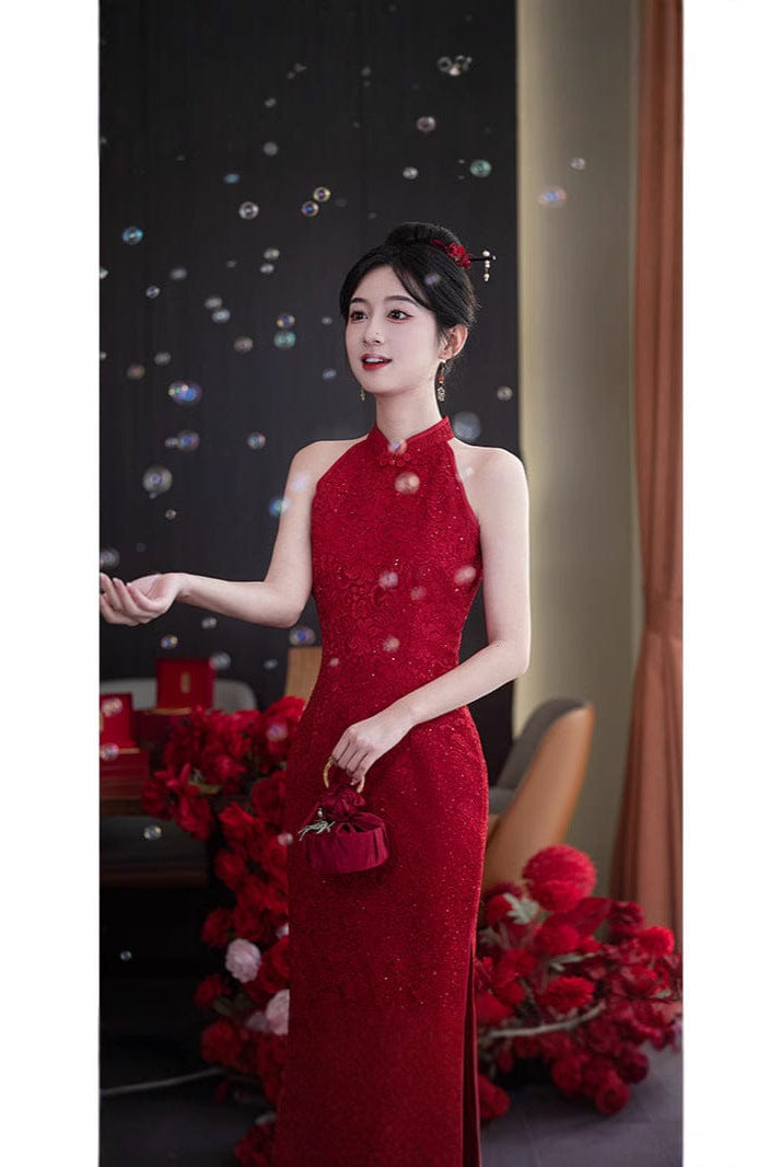 Beth and Brian Qipao-JFX Halter lace mid-length Cheongsam