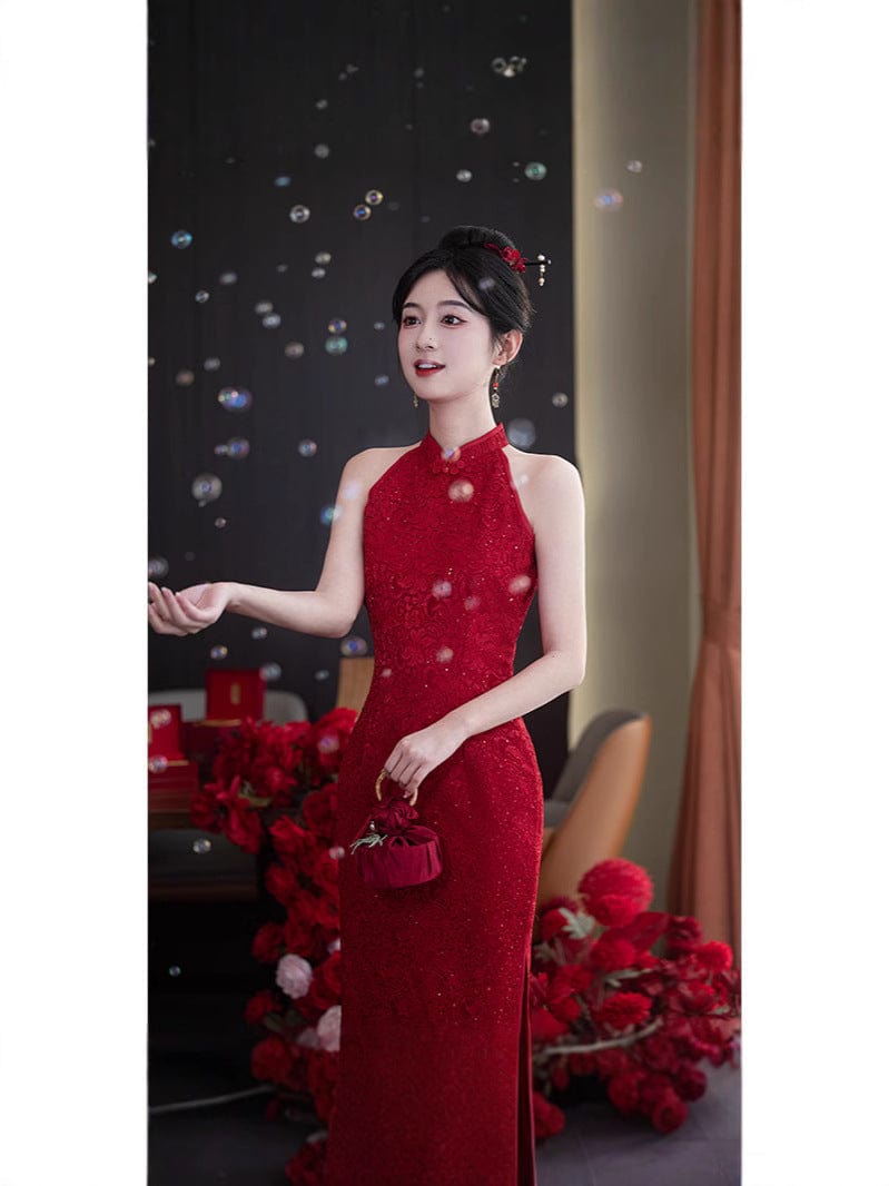 Beth and Brian Qipao-JFX Halter lace mid-length Cheongsam